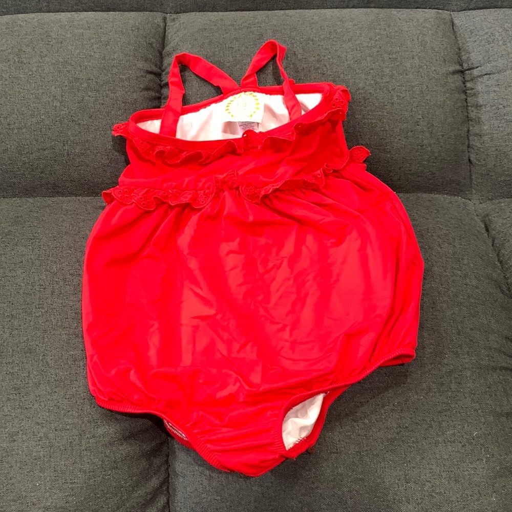 Worn TBBC red bubble bathing suit